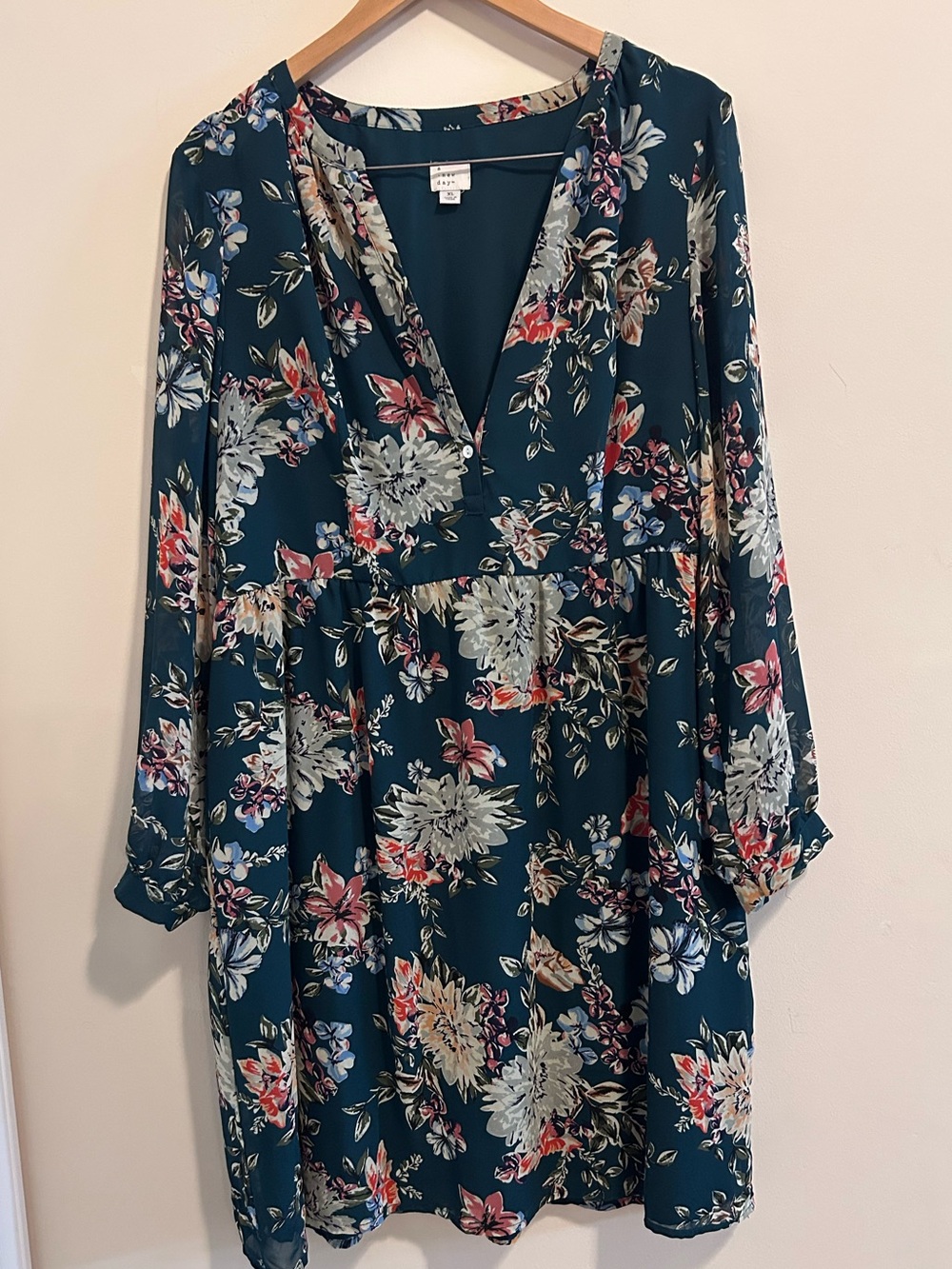 a new day Teal Floral Long Sleeve V-Neck Dress